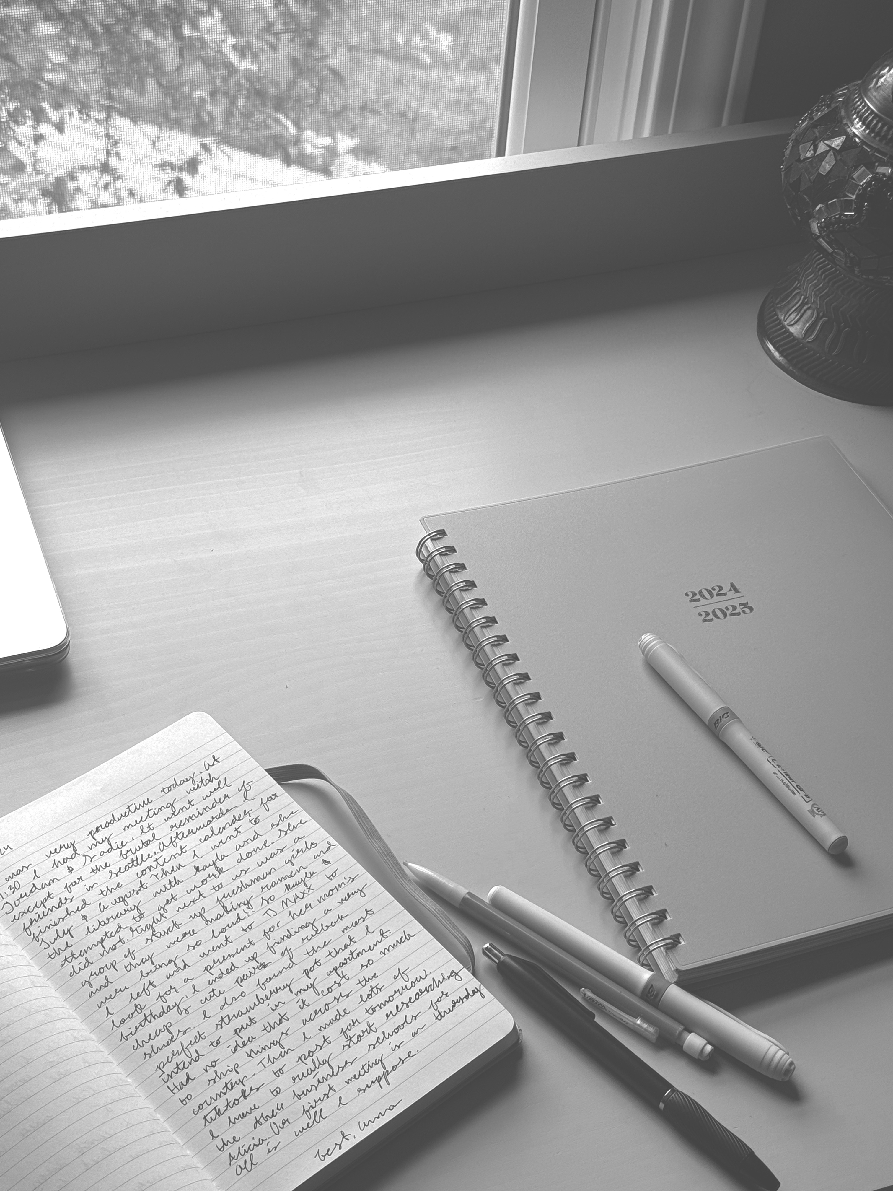 A spiral-bound planner dated 2024-2025 sits on a white desk beside handwritten notes in a lined notebook and two white pens. Snow-covered branches and evergreen trees are visible through a window in the background.
