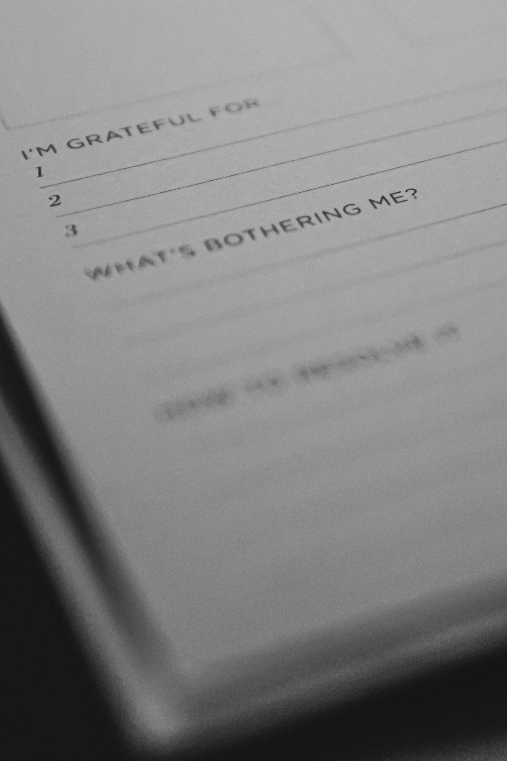 A handwritten journal page with the prompt "I'M GRATEFUL FOR" followed by numbered lines 1, 2, and 3, and a second prompt reading "WHAT'S BOTHERING ME?" The page appears to be part of a gratitude or reflection journal.