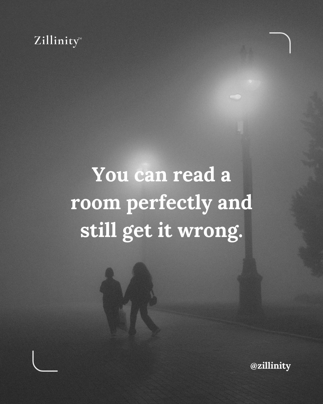 Two silhouetted figures walk along a foggy street lit by a street lamp, with a church spire visible in the misty background. The Zillinity logo appears in the top left corner.